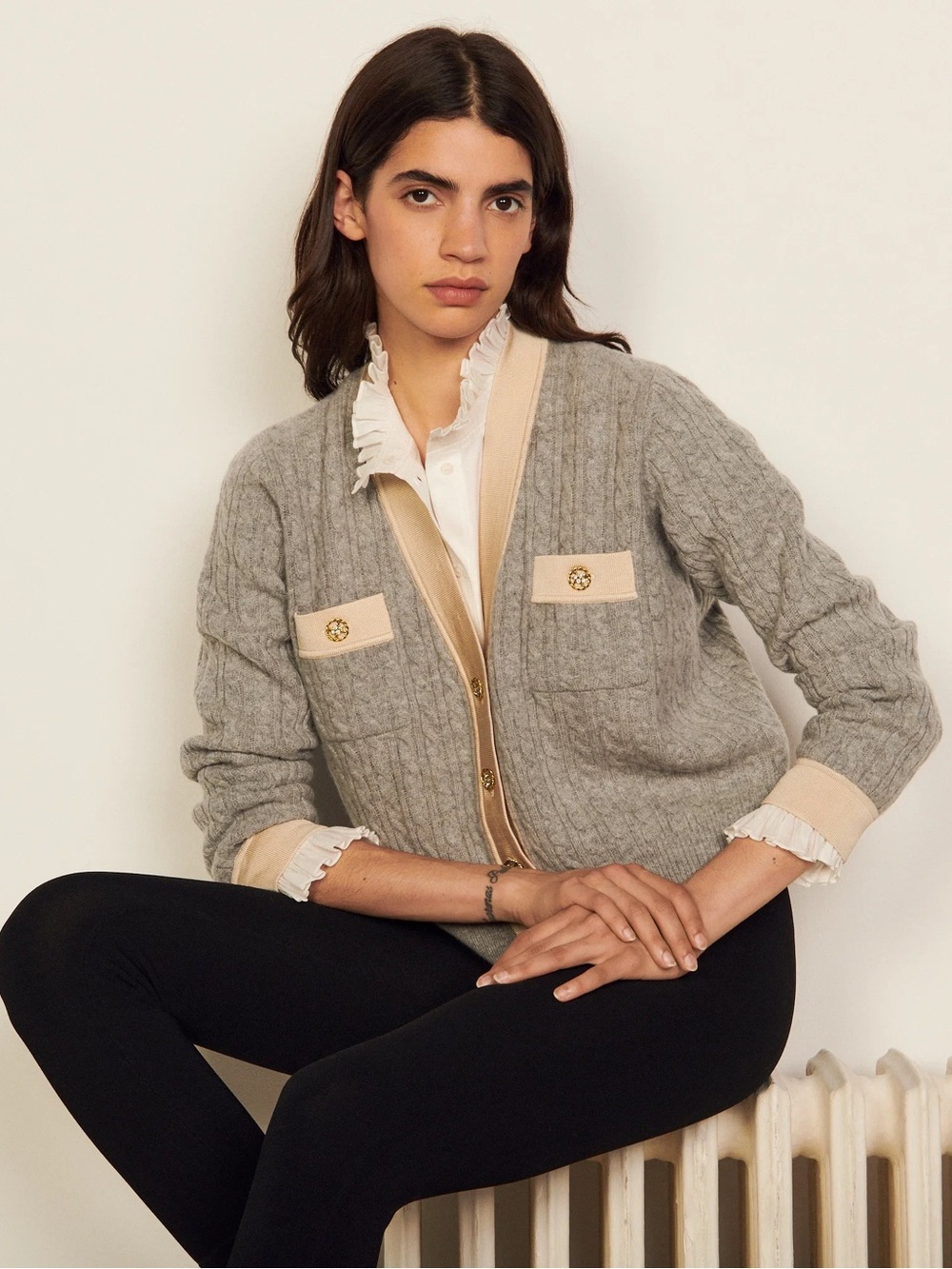 Sandro size 1 s Jane Cable Knit Cropped cardigan grey wool cashmere